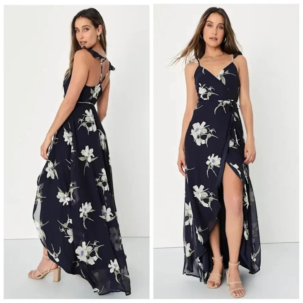 Lulus All Mine Navy Blue Floral Print High-Low Wrap Dress sz S
